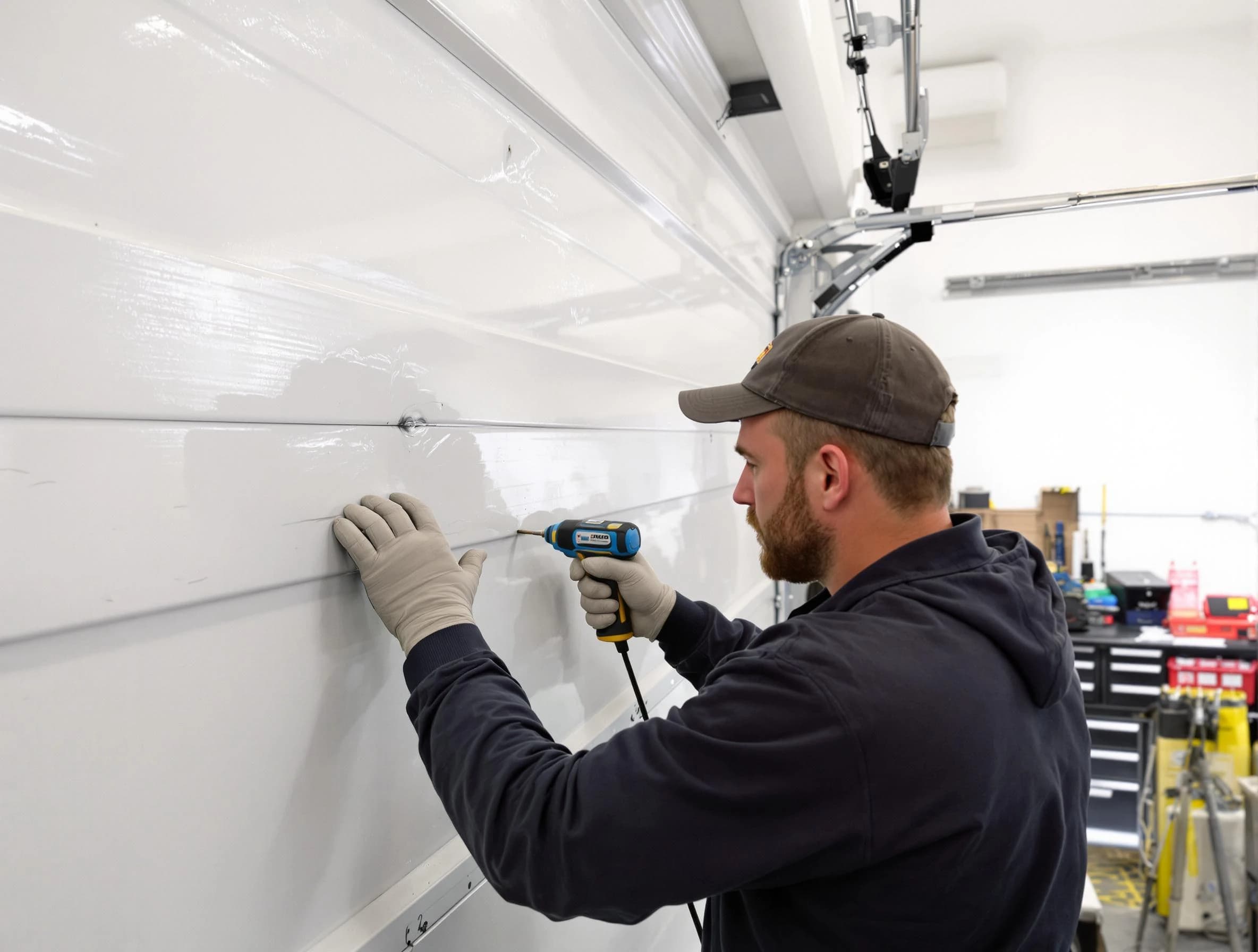 South Ogden Garage Door Repair technician demonstrating precision dent removal techniques on a South Ogden garage door